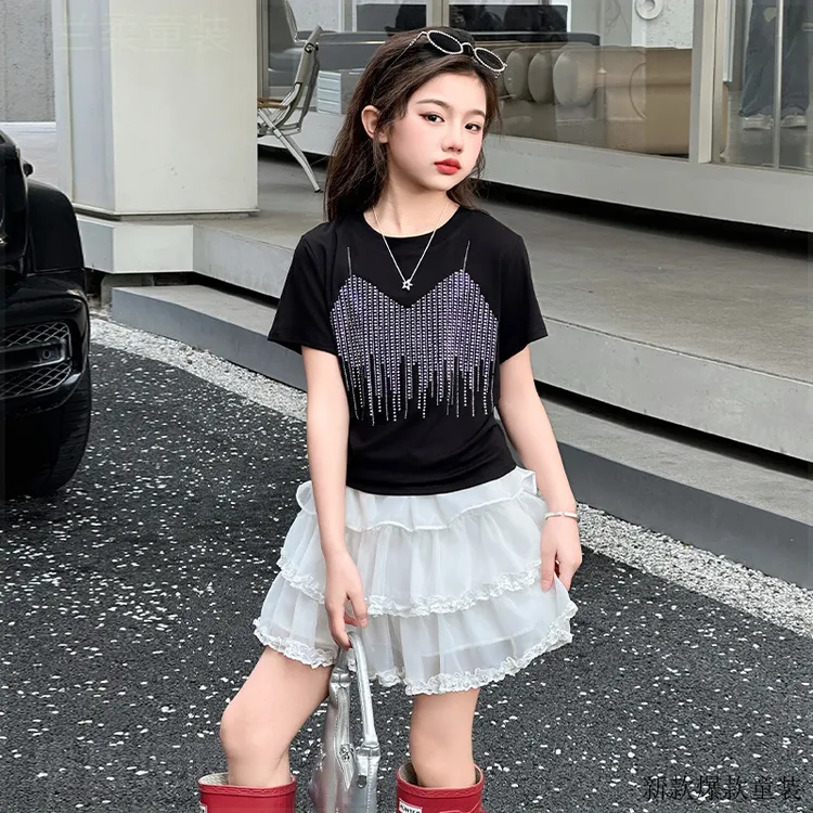 2025夏季新款女童韩版薄款短袖两件套可爱烫钻洋气屁股大套装