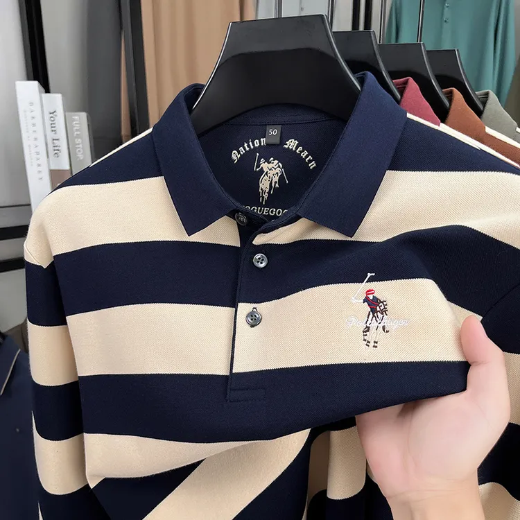 保罗长袖T恤男士2024秋季新款大牌休闲条纹小马标刺绣翻领polo衫