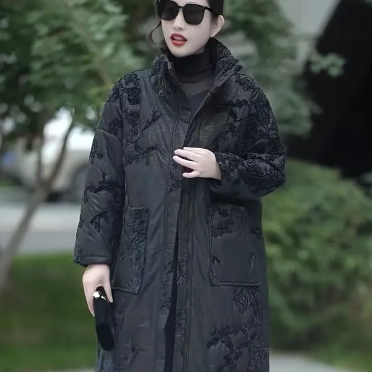 63357秋冬时尚复古中长款气质保暖棉服外套