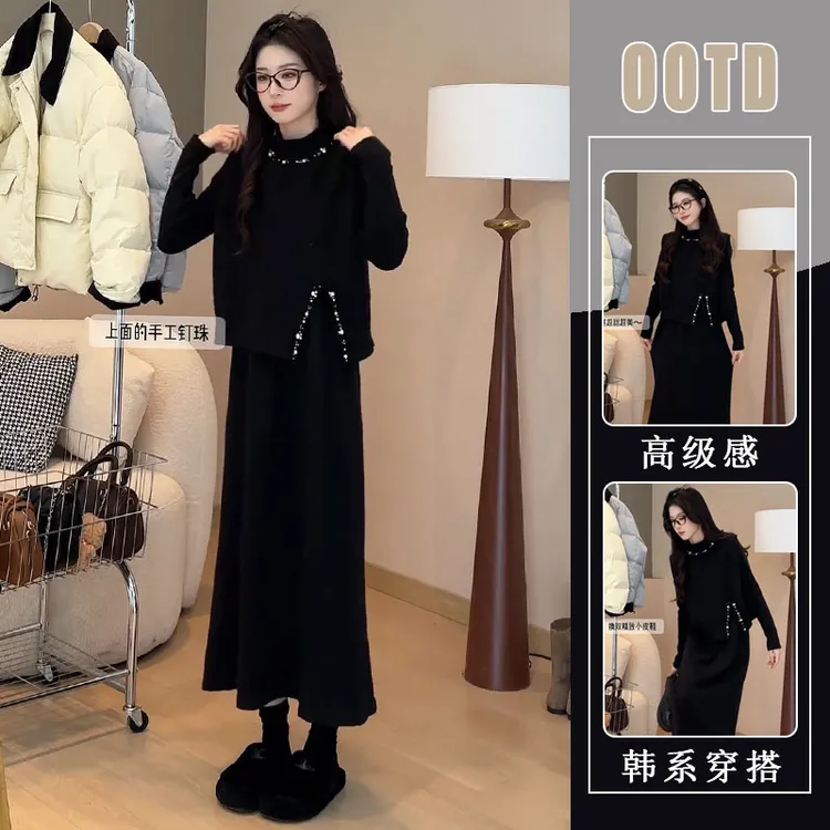 高级感针织马甲连衣裙女士秋冬季大码显瘦欧货气质毛衣两件套装裙