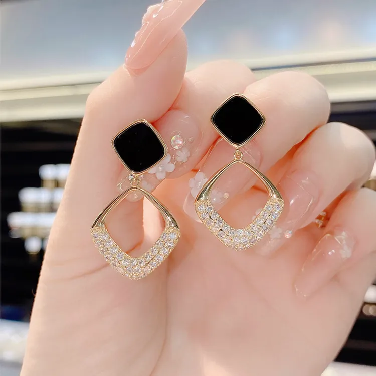 纯银925银合成锆石耳饰 气质百搭大气几何菱形轻奢耳坠小众长款