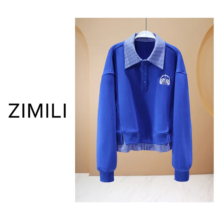 【亮哥欧货女装】冬季加厚《克莱因蓝》拼接衬衫亲肤超柔卫衣26597