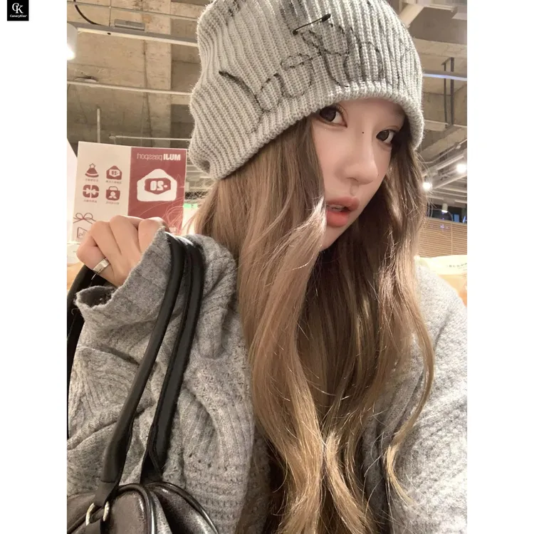 CanaryKiss美式薄款针织毛线帽子女字母刺绣大头围包头堆堆冷帽秋