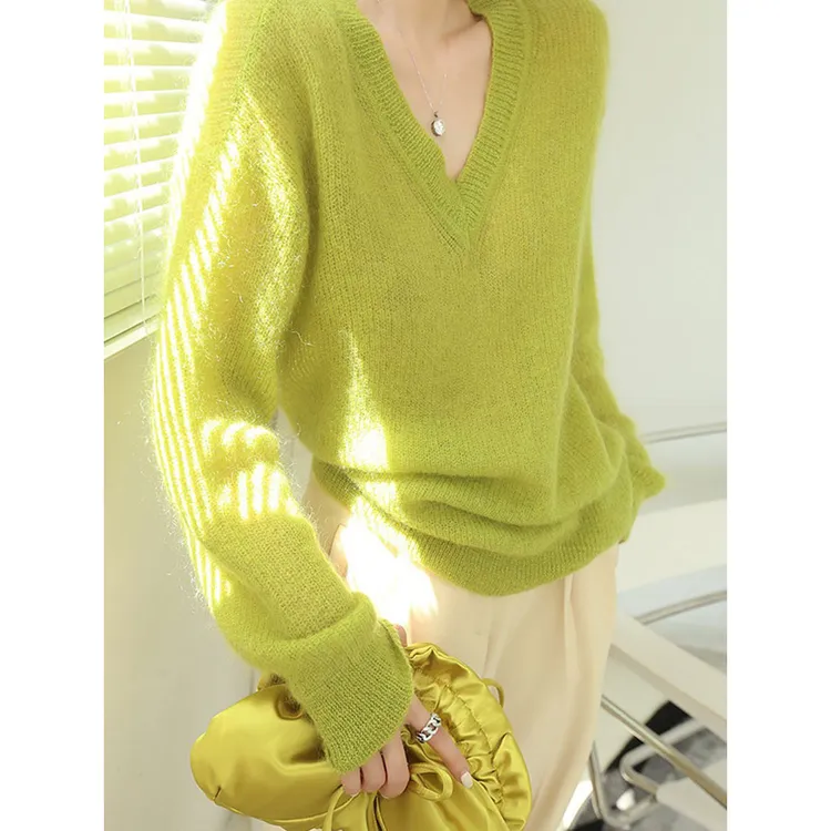 美貌色系！太好看了！慵懒风针织衫女V领荧光绿毛衣百搭薄款上衣