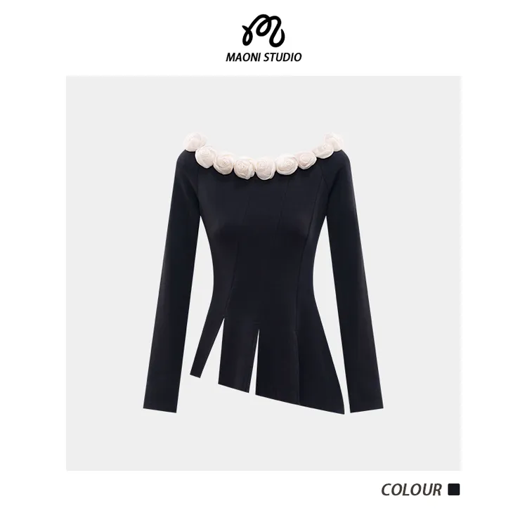 毛妮LADIESFIRST【黑玫绮衫】秋季法式复古立体花朵装饰上衣L2415