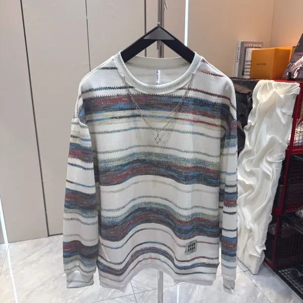 秋冬新款圆领宽松男士彩条拼接休闲百搭卫衣