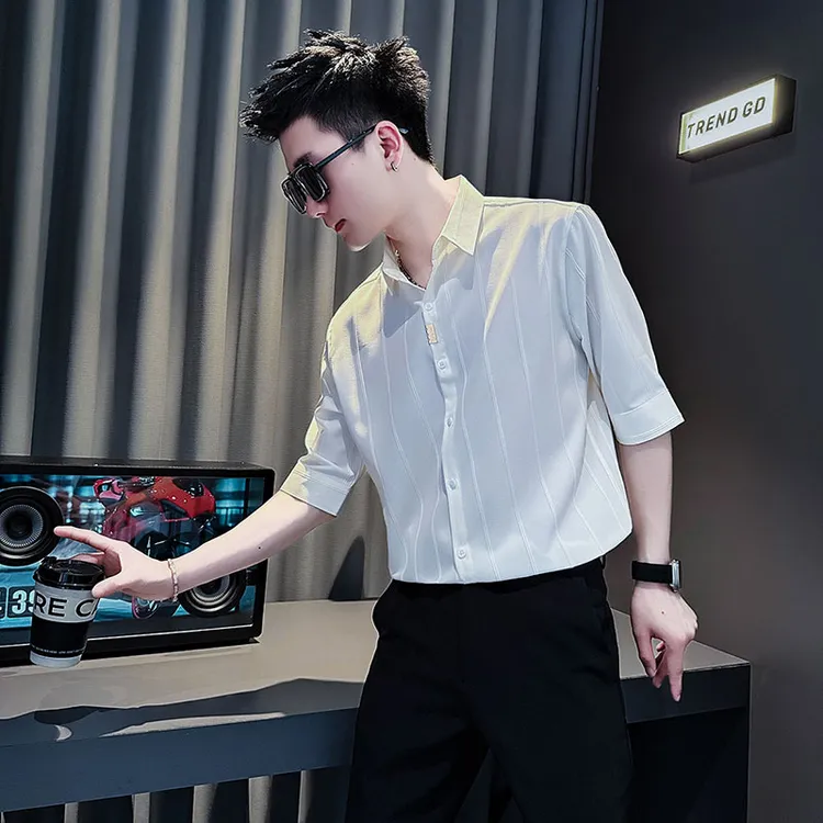 潮牌条纹衬衫男士2025新款夏季痞帅衬衣薄款男装上衣短袖休闲寸衫