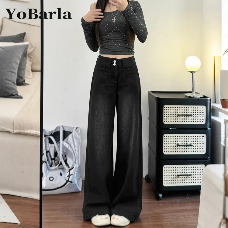 黑色阔腿牛仔裤女宽松垂感冬季加绒胖mm大码显瘦梨形身材直筒裤子