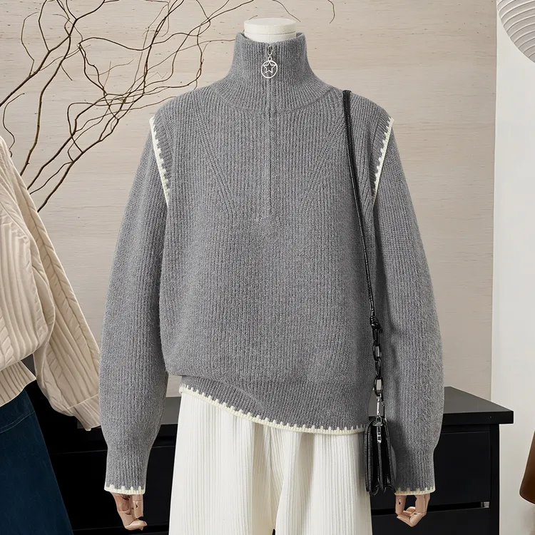 她池2025冬装新款女装撞色宽松款显瘦套头毛衣T53H3186M