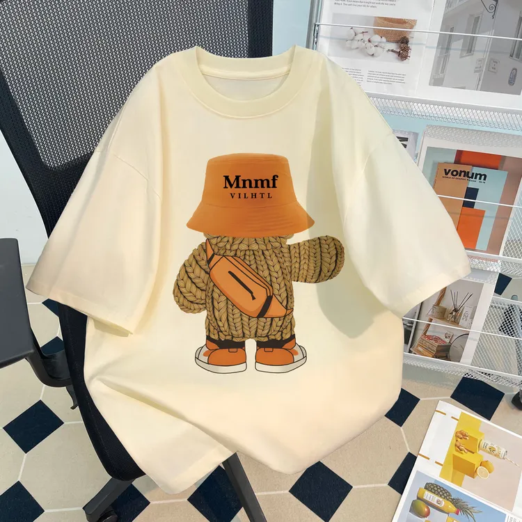 男女童短袖t恤纯棉夏季2025新款背包帽子小熊印花中大童宽松上衣
