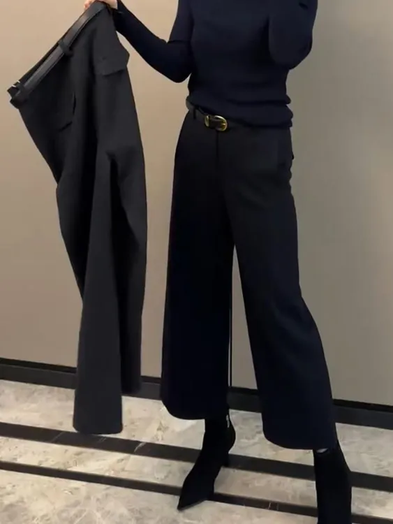 秋冬休闲裤九分裤直筒宽松松紧腰时尚高腰百搭显瘦毛呢阔腿裤靴裤