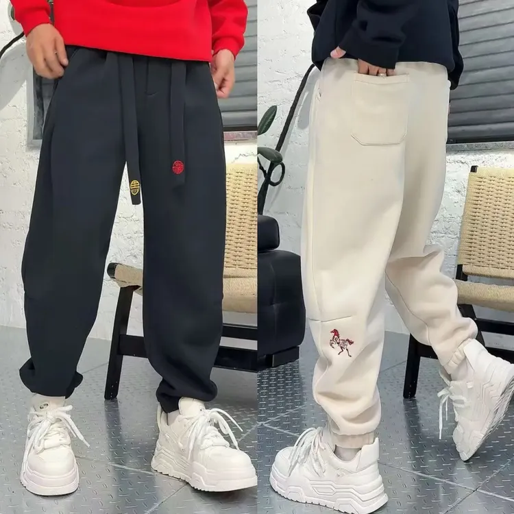 冬季加绒保暖刺绣哈伦束脚休闲裤男潮牌痞帅加厚防寒百搭运动卫裤