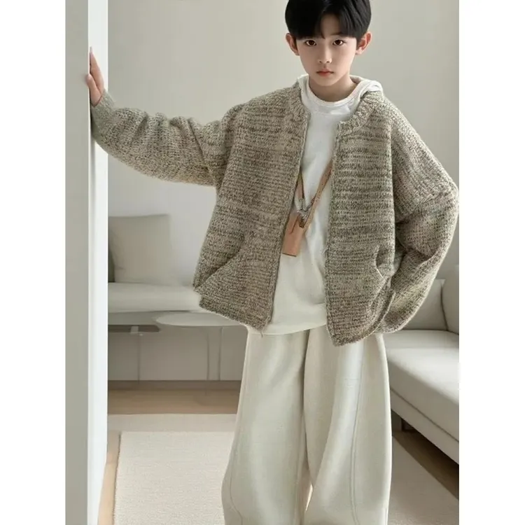 男童套装3-5岁秋装男童针织外套套装秋季2025新款中大童百搭连帽
