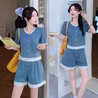 921夏季新款洋气减龄蕾丝拼接牛仔短袖上衣高腰短裤套装