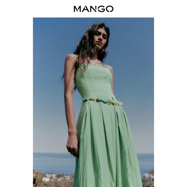 MANGO女装连衣裙2025秋装新款淡人吊带A字长款气质清新连衣裙
