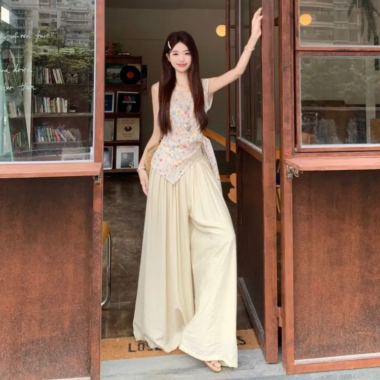 碎花绑带开叉别致上衣高腰宽松阔腿裤休闲裤女2025夏季新款套装女