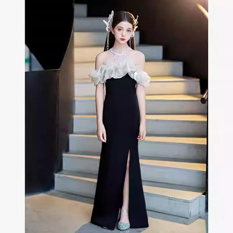 黑色女童礼服钢琴考级小提琴演奏长款儿童演出服气质主持人礼服裙