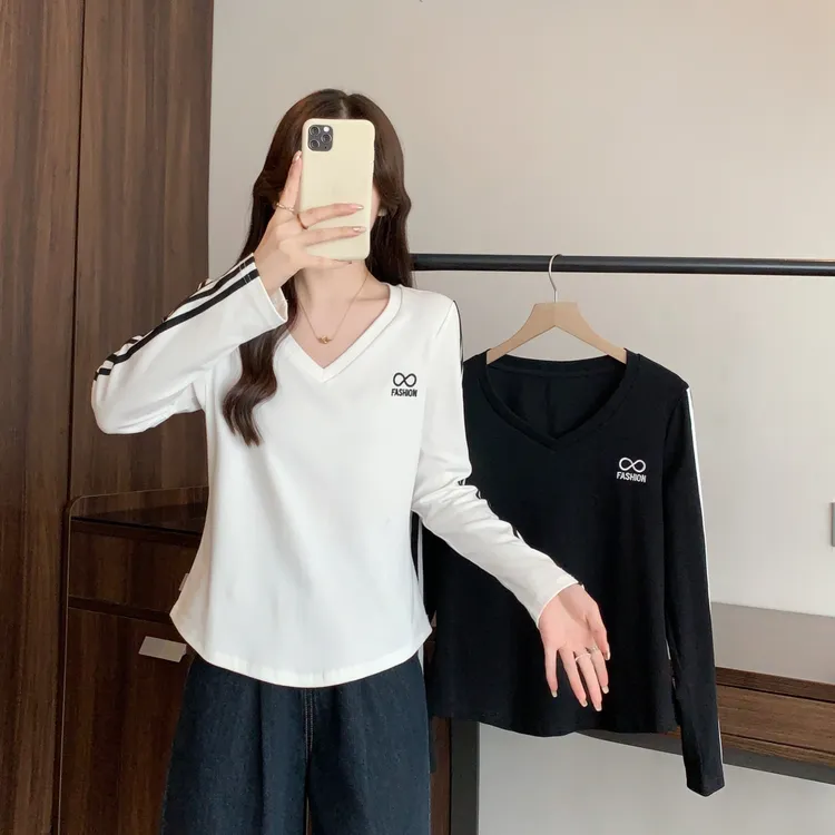 2025秋季新款大码女装胖mm显瘦V领气质T恤撞色条杠百搭上衣80376