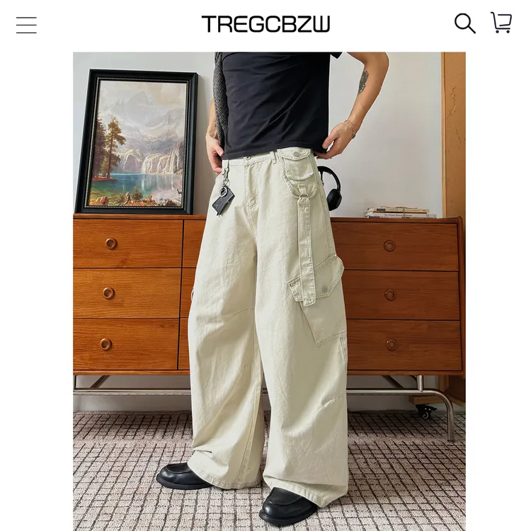 CBZW美式设计感褶皱休闲工装裤男复古痞帅cleanfit宽松阔腿长裤子