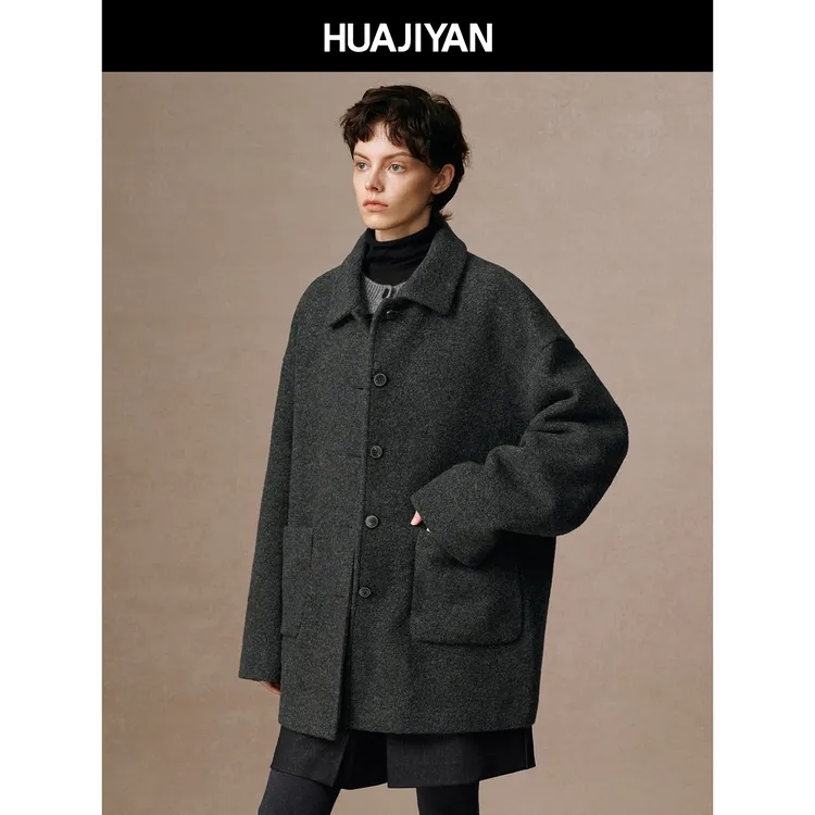 华吉言/HUAJIYAN【漫游者】羊毛混纺衬衫领宽松直身外套大衣