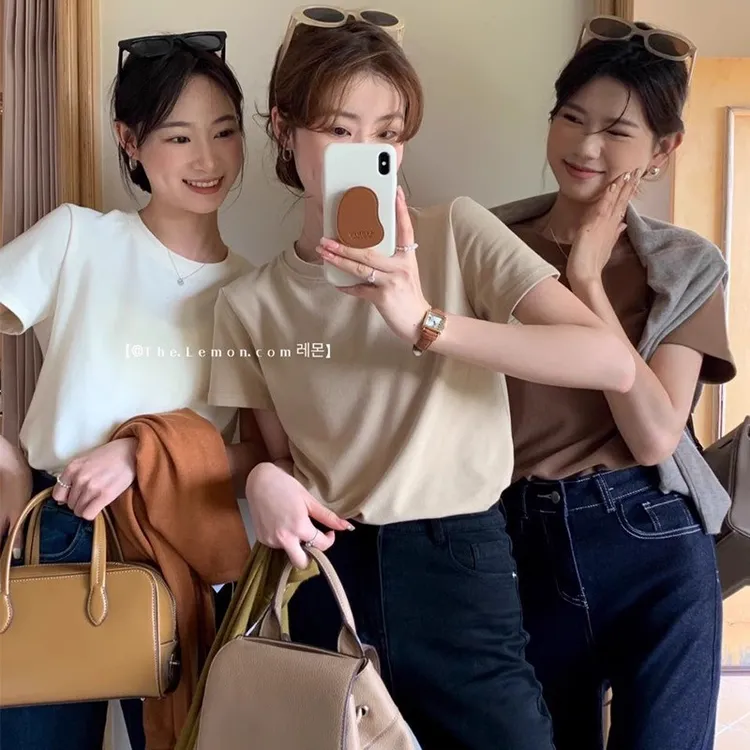 修身型短袖宽松型T恤长袖圆领宽松设计感显瘦纯色针织短款休闲ins