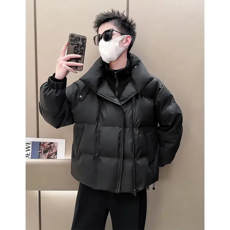 阿航男装2025冬季假两件潮流加厚皮棉衣宽松面包服保暖皮棉衣外套