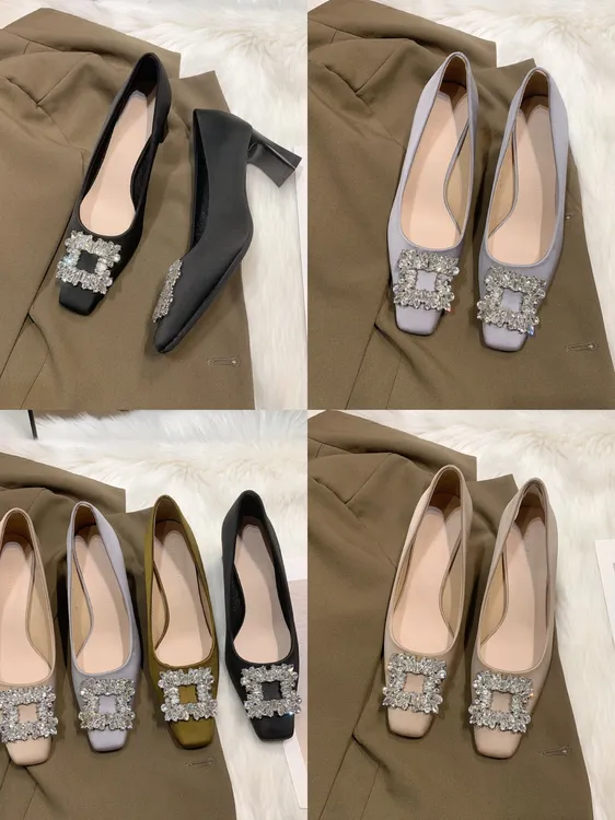 【跟高5公分】水钻方扣单鞋女浅口高跟仙女风气质优雅通勤奶奶鞋夏