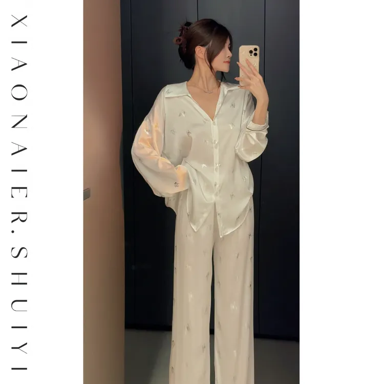 【蝶恋光影】蝴蝶雪丝女士睡裙秋季时尚新款宽松韩版甜美白色家居服