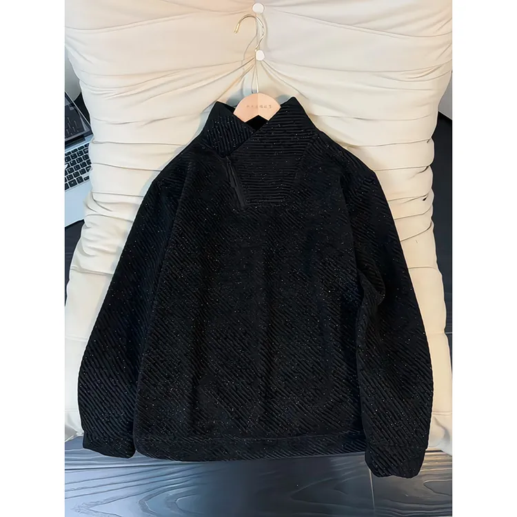 美式斜领拉链重磅卫衣男春秋季加绒加厚斑马纹打底衫内搭长袖T恤