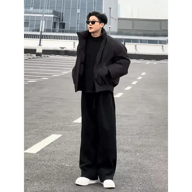 黑色美式弯刀卫裤男款秋季cleanfit垂感阔腿裤子直筒运动休闲长裤