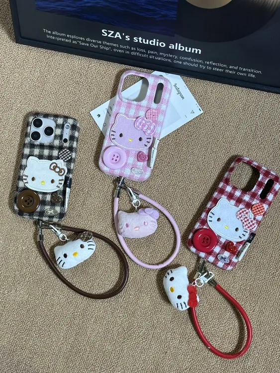 秋冬格纹kt猫咪纽扣可爱ins适用苹果17promax/iphone16pro手机壳