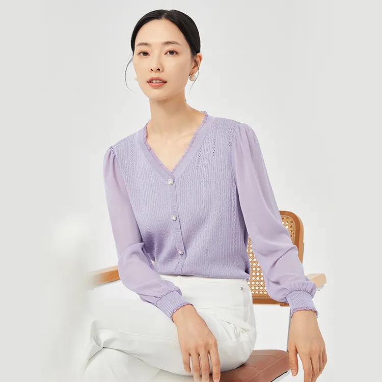 娜尔思时尚气质优雅显瘦冰丝长袖V领上衣女春季新款NZ03978R1