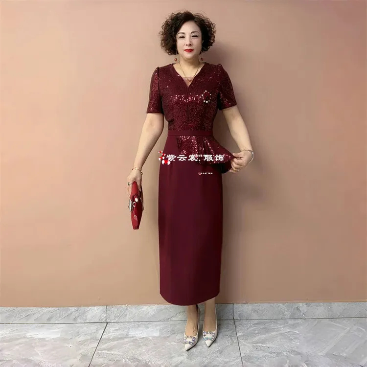 高端气质喜婆婆礼服年轻妈妈高贵短袖旗袍婚宴喜服洋气大码连衣裙
