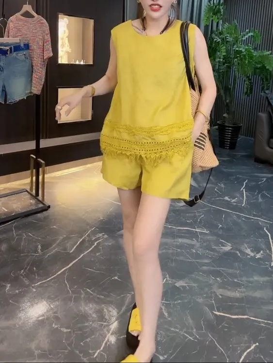 女森说夏季薄款慵懒风流苏亚麻套装宽松显瘦开叉洋气透气两件套