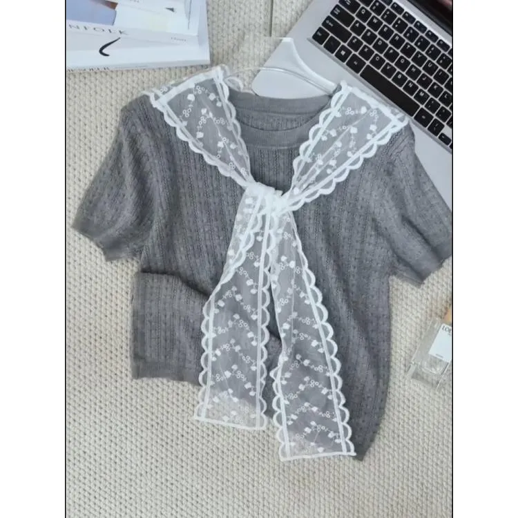 灰色蕾丝披肩叠穿针织短袖T恤女春夏季新款修身显瘦百搭冰丝上衣