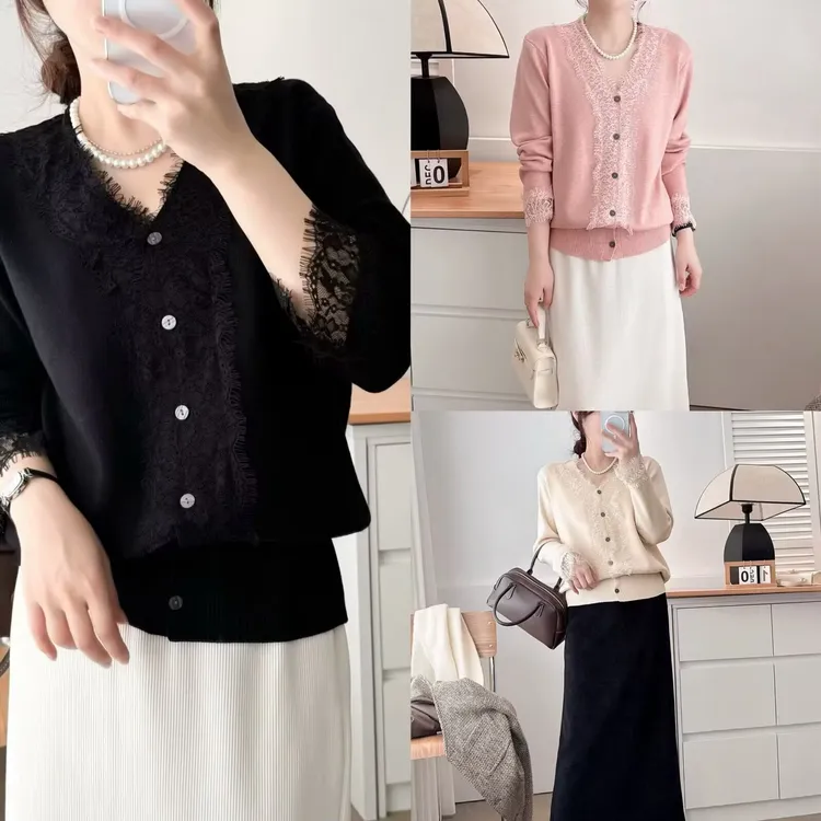100-200斤大码女装胖mm秋冬洋气蕾丝拼接显瘦宽松V领针织开衫522