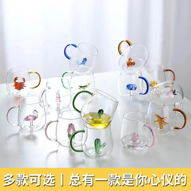 立体玻璃杯造型高硼硅动物杯卡通新款玻璃把杯礼品果汁杯彩把家用