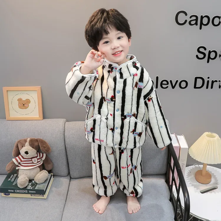 儿童睡衣男童秋冬季法兰绒加厚珊瑚绒2025新款宝宝家居服套装男孩