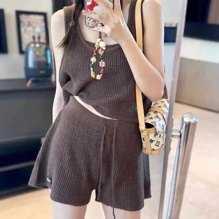 Alo针织吊带背心女夏季新款华夫格套装运动百搭健身美背上衣短裤