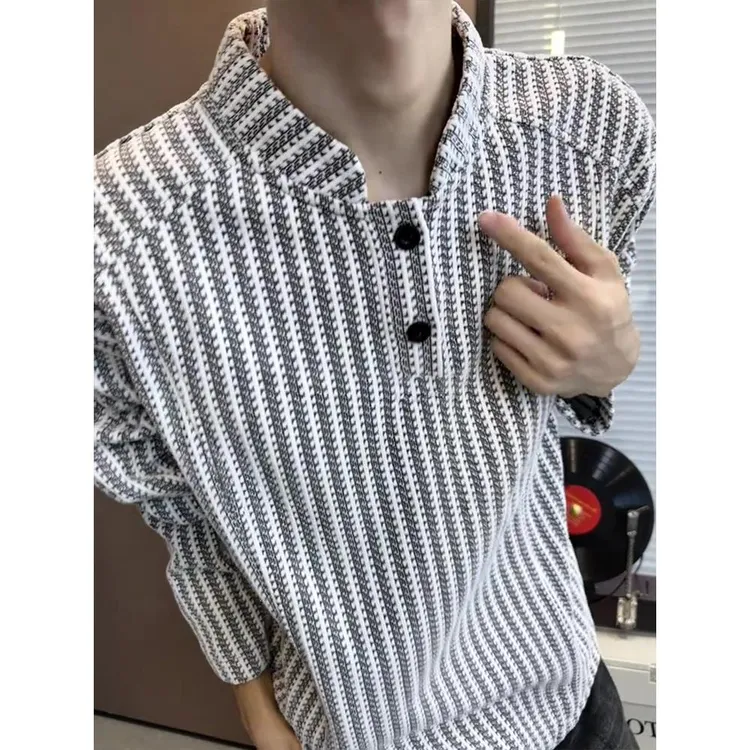 鱼骨纹美式亨利领长袖t恤男款秋季设计感条纹卫衣小香风立领外套