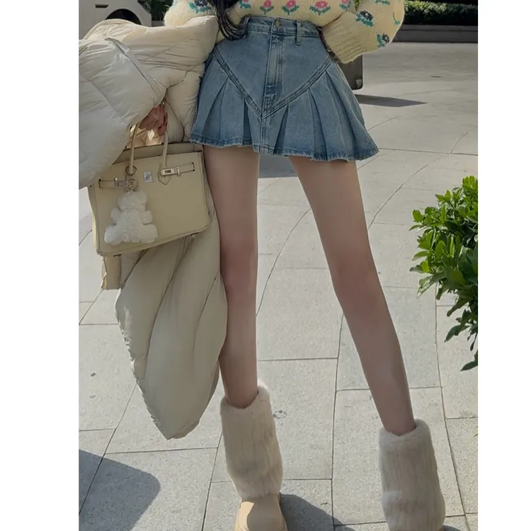 【XU·JING】浅蓝色磨毛牛仔百褶裙显瘦百搭辣妹