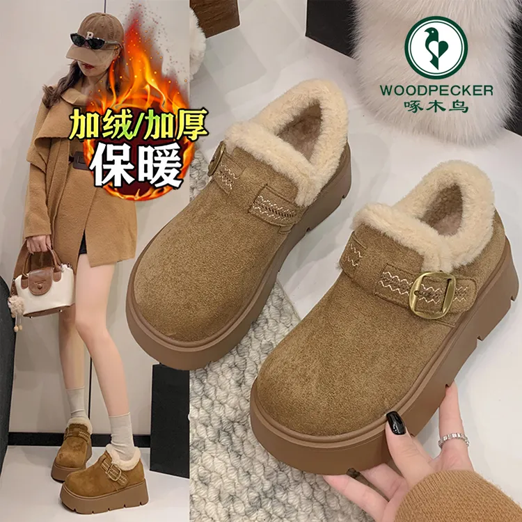 啄木鸟厚底勃肯棉鞋女款2025冬季羊羔绒加厚保暖一脚蹬孕妇雪地靴