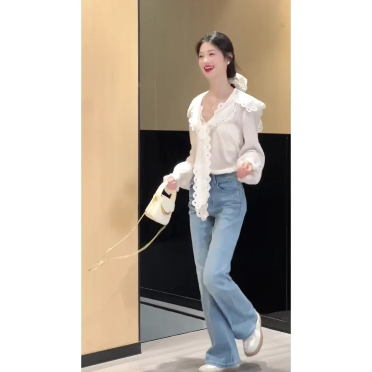 法式气质白色镂空蕾丝长袖衬衫女秋季修身牛仔裤两件套