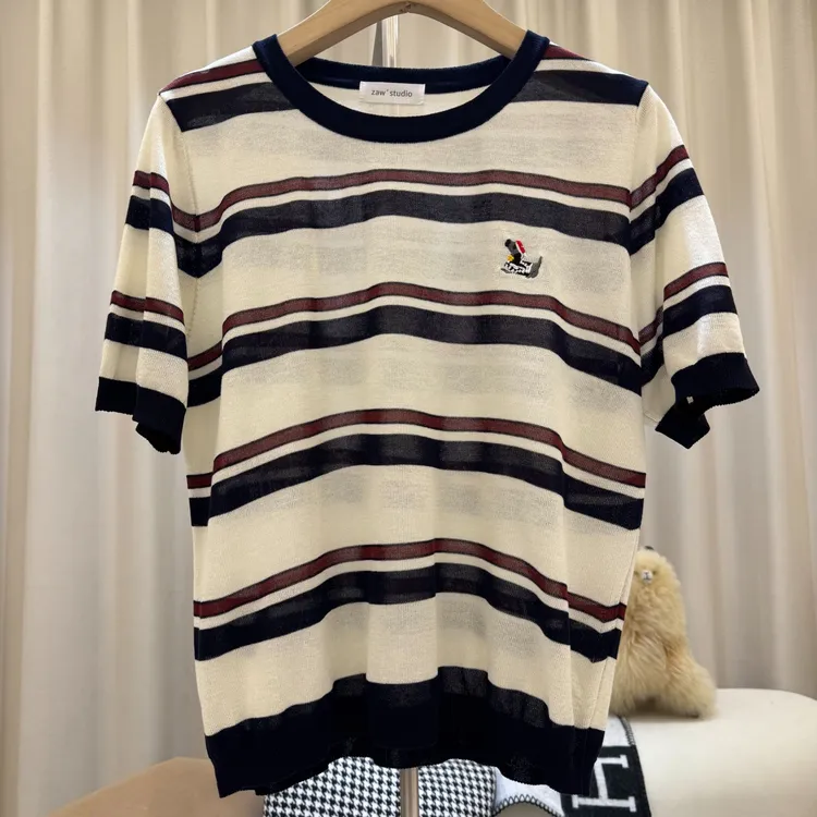 zaw大码胖mm条纹冰丝针织衫短袖T恤女夏季薄款百搭胖mm上衣