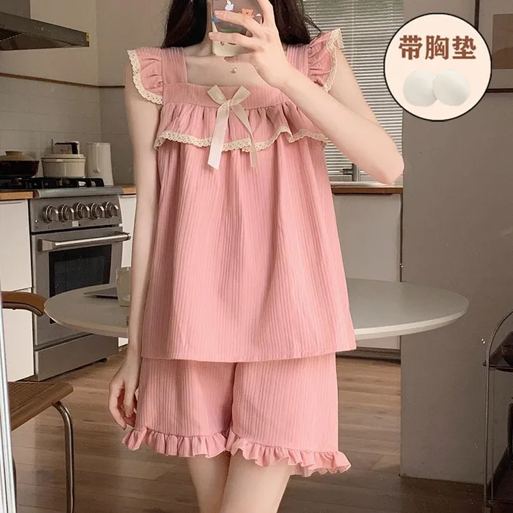 带胸垫纯棉公主风吊带睡衣女夏季天无袖甜美家居服两件套装可外穿