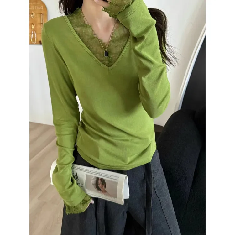 SP【自留推荐】料子好到尖叫巨软糯绵密羊绒极拼接蕾丝打底上衣内搭