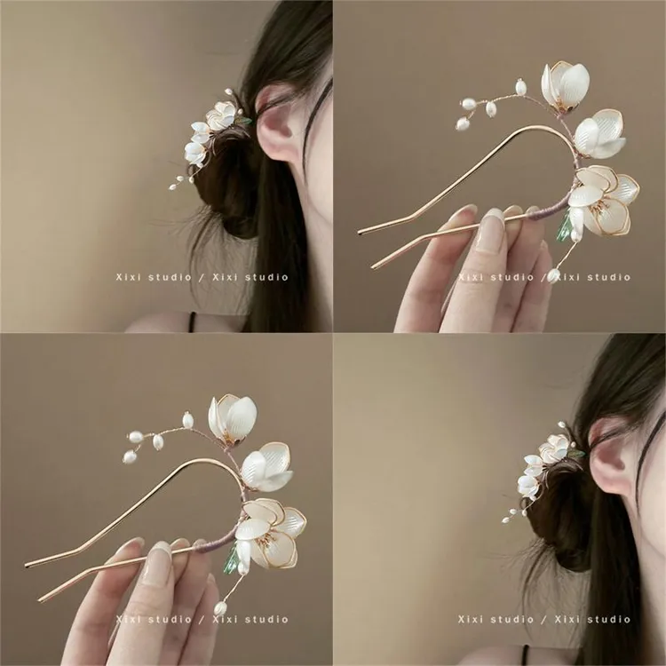 温柔气质玉兰花U型发簪新中式金属发钗古风汉服配饰挽发簪子头饰