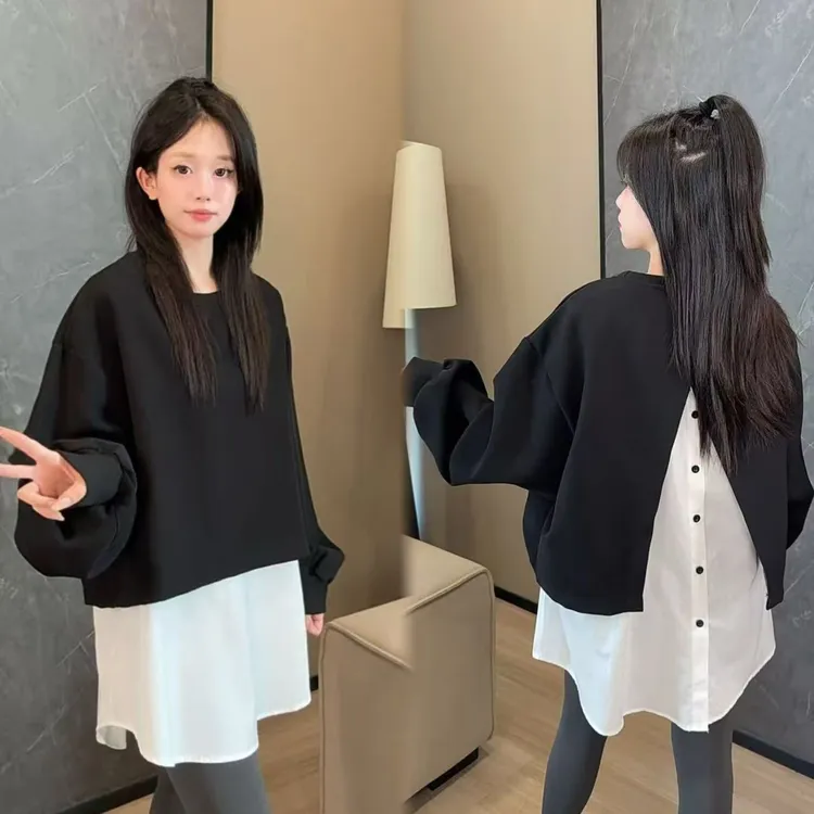 二姐的宝藏早秋上新时尚套头拼接设计感后背卫衣衬衫假两件#25311