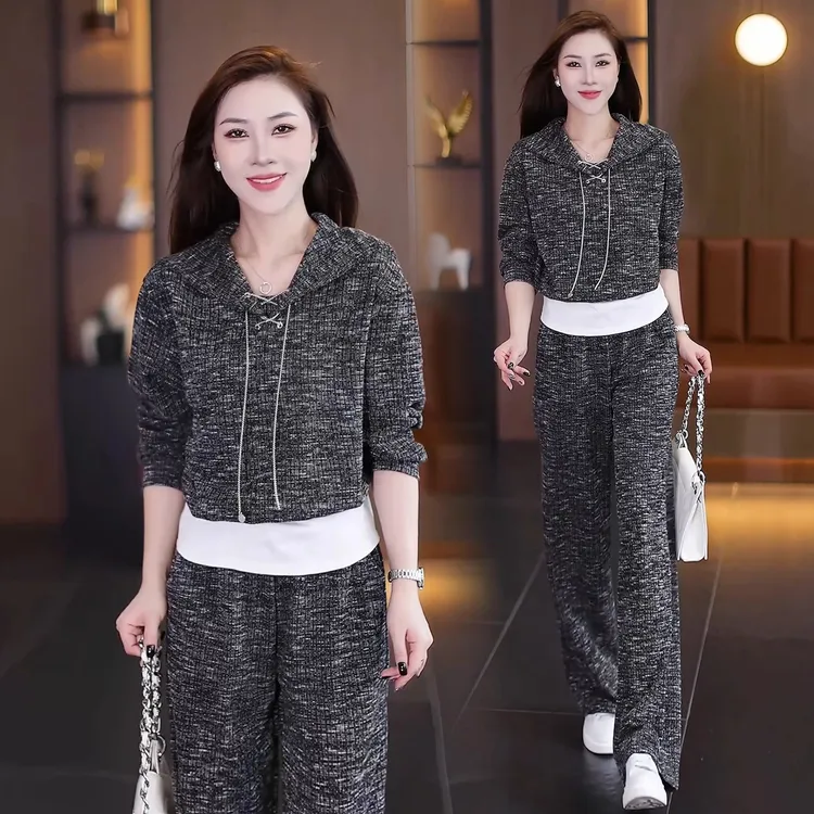 时尚休闲套装女秋季新款洋气宽松显瘦假两件连帽卫衣阔腿裤两件套