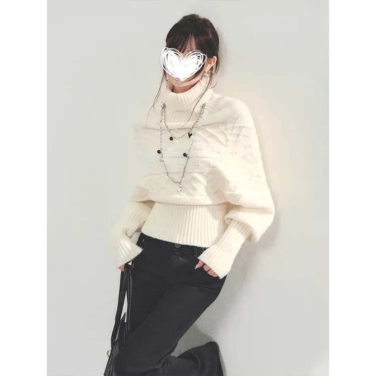 MosesQueen/魔西女王设计感蝙蝠袖高领收腰上衣显瘦气质针织上衣